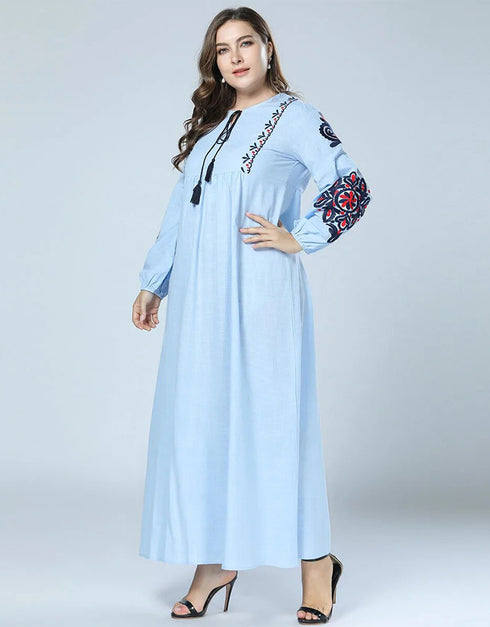 Elegant Embroidered Abaya with Lantern Sleeves and Large Swing Skirt